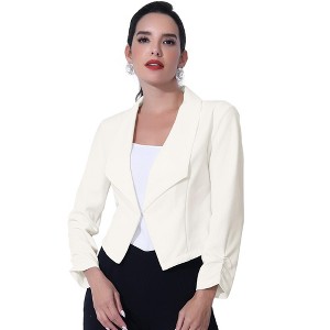 INSPIRE CHIC Women's Regular Fit Notched Lapel Ruched Sleeve Business Crop Blazer - 1 of 4