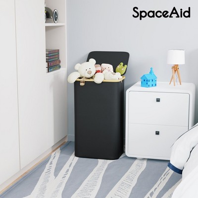 Black Collapsible Laundry Hamper with Bamboo Lid and Handles