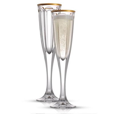 JoyJolt Windsor Crystal Champagne Glasses  - Set of 2 Modern Stemmed Flute Glass Set with Gold Rim - 4.3 oz