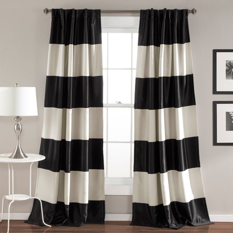 2pk 52&#34;x84&#34; Light Filtering Montego Striped Curtain Panels Off White/Black - Lush D&#233;cor, 1 of 8