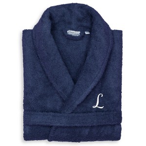 Linum Home Textiles 100% Turkish Cotton Unisex Personalized Terry Bathrobe Navy in White Script Font - 1 of 3