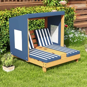 Costway Kids Double Chaise Lounge Patio Lounge Chair with Cup Holders & Awning Blue/Colorful/Brown - 1 of 4