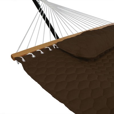 Brown Quilted Double Hammock with Stand and Pillow