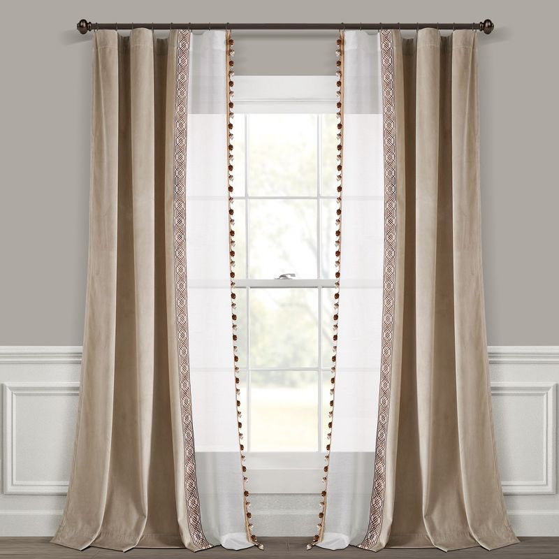 Luxury Vintage Velvet And Sheer WithBorder Pompom Trim Window Curtain Panel Taupe/Ivory Single 42X84, 3 of 7