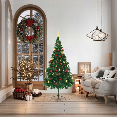 vidaXL Artificial Pre-lit Christmas Tree with Baubles Green 6 ft