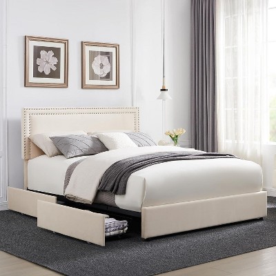VECELO Upholstered Platform Bed Frame Platform with 4 Storage Drawers, Adjustable Velvet Rivets Headboard