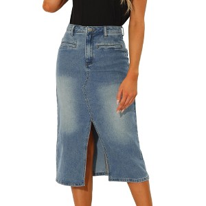 INSPIRE CHIC Women's Midi High Waist Slit Front with Pockets Jean Skirts - 1 of 4