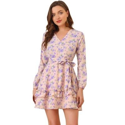 INSPIRE CHIC Women's V-neck Long Sleeve Tiered Ruffle Hem Dress