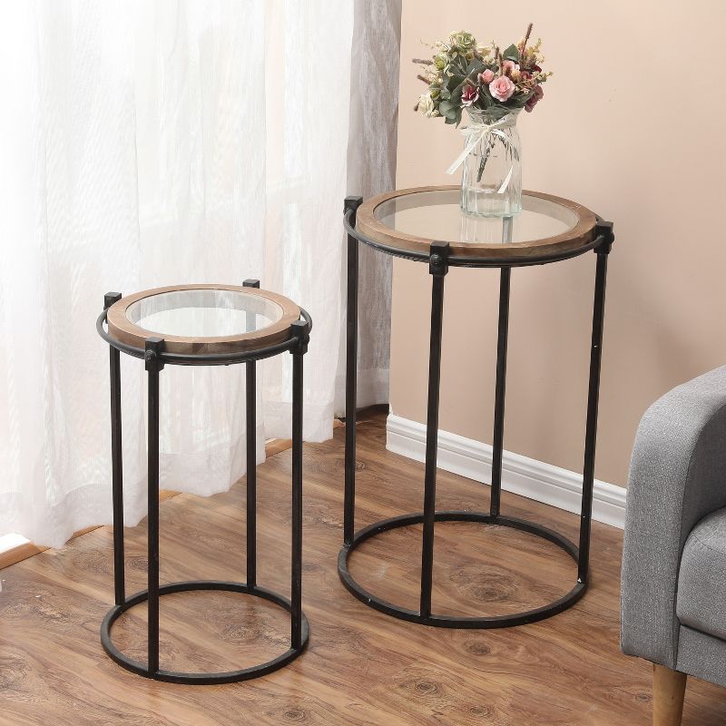 LuxenHome 2-Piece Metal and Glass Round Accent Drink Table. Brown, 2 of 10