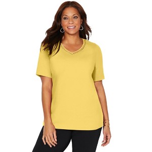 Catherines Women's Plus Size Suprema Crochet V-Neck Tee - 1 of 4