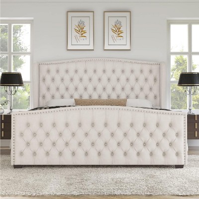 AMERLIFE King Size Platform Bed Frame, Velvet Upholstered Bed with Deep Button Tufted, White
