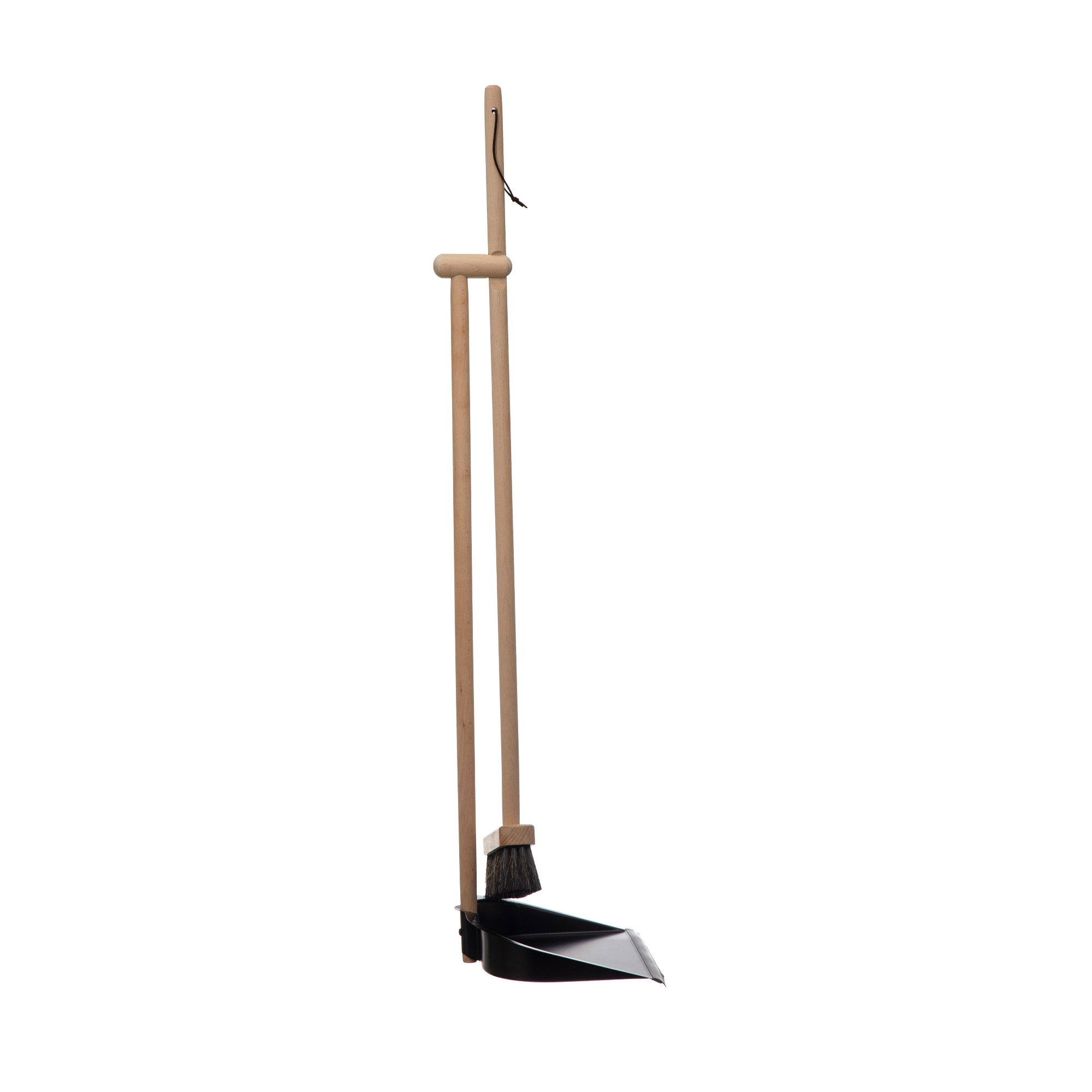 Storied Home Beech Wood Broom and Standing Metal Dust Pan Set, Natural and Black
