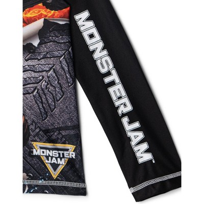 Monster Jam Little Boys' Long Sleeve Graphic Swim Shirt and Allover Print Drawstring Board Shorts Outfit Black 5 — фото 6