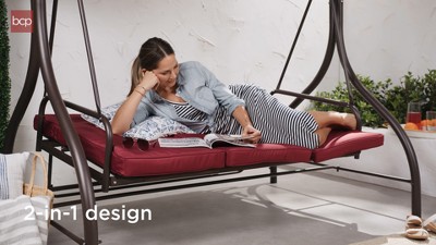 Brown 3-Seat Outdoor Canopy Swing Glider with Cushions