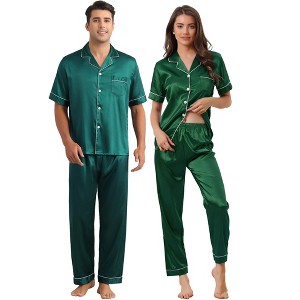 INSPIRE CHIC Couples Satin Pajamas Sets Button Down Short Sleeve Soft 2 Pack Sleepwear - 1 of 4