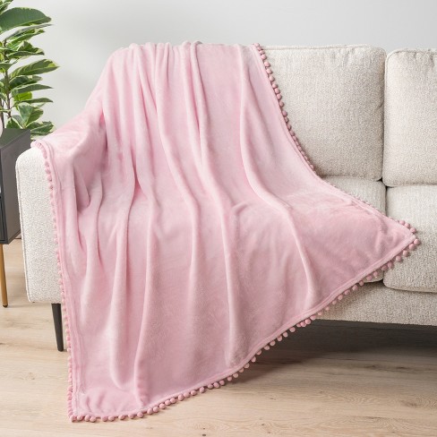 Pavilia Fleece Pom Pom Blanket Throw For Sofa Bed Soft Lightweight Pompom Fringe Blanket For Couch Light Pink throw 50x60 Target