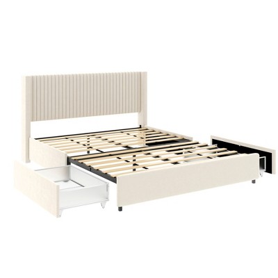 NicBex Queen Size Upholstered Wingback Platform Bed with Velvet/Tufted Headboard and 2 Drawers for Adults,White