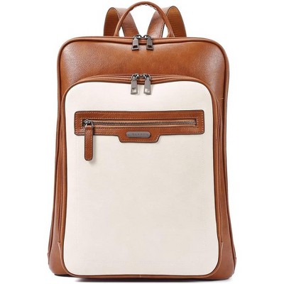 CLUCI Leather Laptop Backpack for Women 15.6 inch Computer Backpack Travel Large Business Work Daypack Off-white with Brown