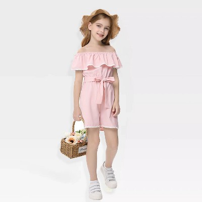 Girls Romper Flounce Squar Neck Belted Jumpsuit with Lace Trim Elastic Adjustbale Neckline Romper