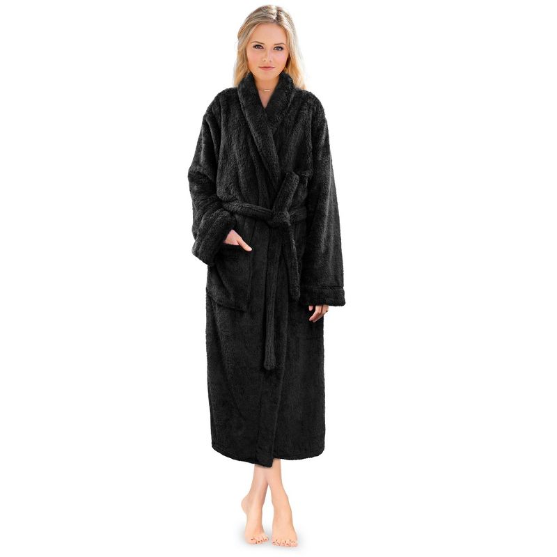 PAVILIA Premium Womens Plush Soft Robe Fluffy Warm, Fleece Faux Shearling Shaggy Bathrobe (Black, 2X-3X), College Dorm Gift