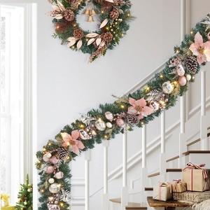6ft Pre-Lit Christmas Garlands with 20 Battery Operated LED Lights Rose Gold Balls Flowers for Indoor Mantle Fireplace Stairs Decorations - 1 of 4