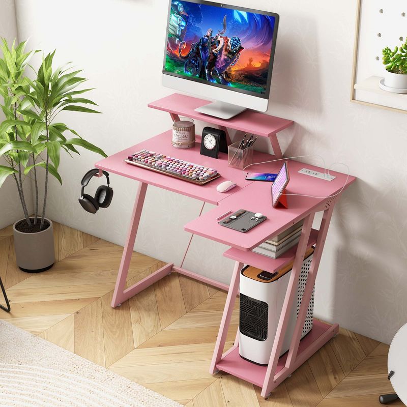Costway L Shaped Gaming Desk with Outlets & USB Ports Monitor Shelf Headphone Hook Black/White/Pink, 4 of 11