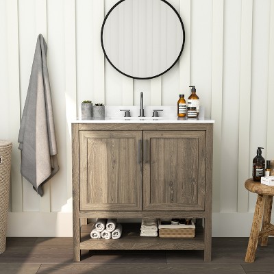 Merrick Lane Bathroom Vanity with Ceramic Sink, Carrara Marble Finish Countertop, Storage Cabinet with Soft Close Doors and Open Shelf