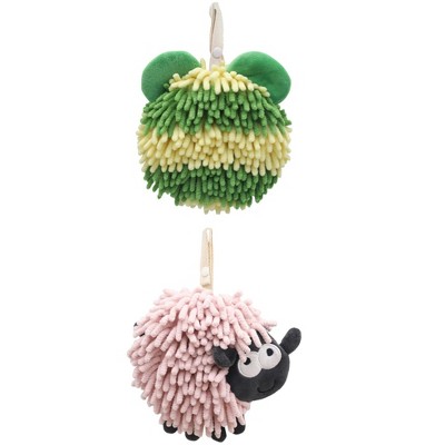 REGALWOVEN 2 Packs Chenille Fuzzy Ball Bathroom Sheep Shape Absorbent Fast Drying Hand Towels 7" x 7"