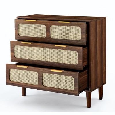 GDFStudio Pag 3-Drawer Rattan and Wood Dresser with Metal Handles