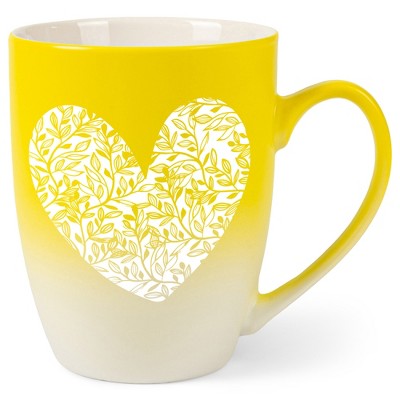 Elanze Designs Heart Leaf Two Toned Ombre Matte Yellow and White 12 ounce Ceramic Stoneware Coffee Cup Mug