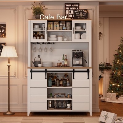 Garvee 70" Wine Coffee Bar Cabinet with Storage Hutch, Kitchen Pantry Liquor Cabinet with Sliding Barn Doors, Bottle Glasses Rack, Farmhouse Buffet
