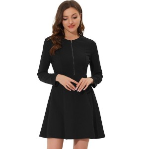 Allegra K Women's Vintage Plaid Houndstooth Long Sleeve Office Zip Front Flare Mini Dress - 1 of 4