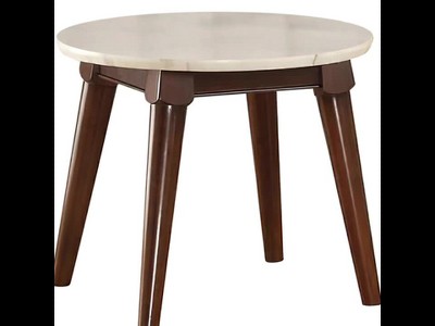 24'' Round White Marble and Walnut Wood End Table
