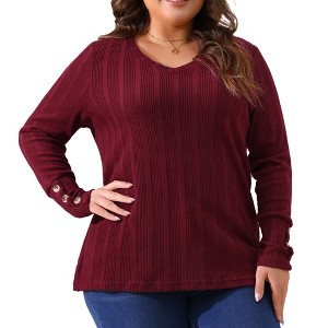 Agnes Orinda Women's Plus Size Long Sleeve V-Neck Decorative Buttons Soft Stretch Knit Blouses - 1 of 4