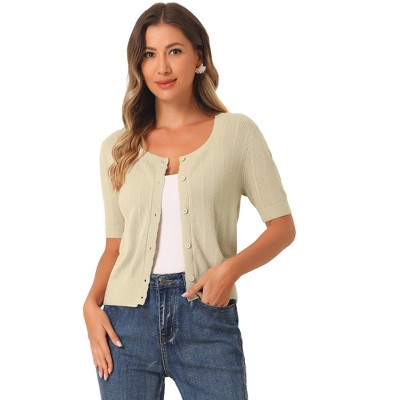 Allegra K Women's Casual Crochet Knit Button Up Sweater Short Sleeve Cardigan