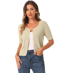 Allegra K Women's Casual Crochet Knit Button Up Sweater Short Sleeve Cardigan - 1 of 4