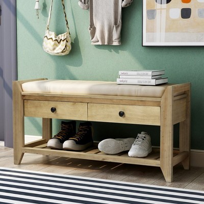 Shoe Storage Bench with Cushioned Seat, Entryway Bench with Storage, Shoe Cabinet Bench with 2 Drawers and Storage Shelf for Hallway