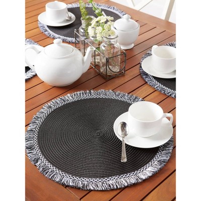 Black Round Fringed Woven Plastic Placemat Set of 6