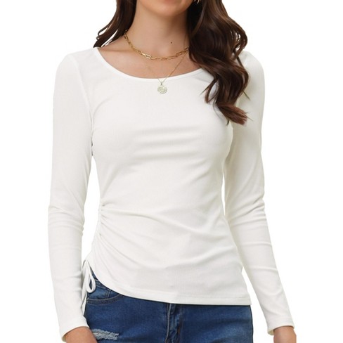 Allegra K Women's Drawstring Ruched Round Neck Long Sleeve