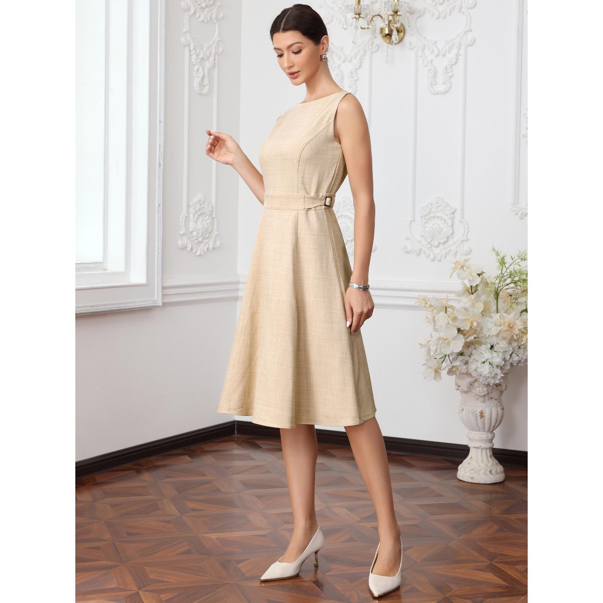 Женские платья INSPIRE CHIC Women's Business Casual Work Sleeveless Boat Neck A Line Midi Dresses Small Beige — фото 4