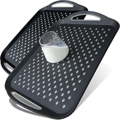 Attop 2-Pack Large Non-Slip Trays with Handles Silicone Grip Food Trays for Breakfast Dinner Snacks Fruit Appetizers and Drinks, Black