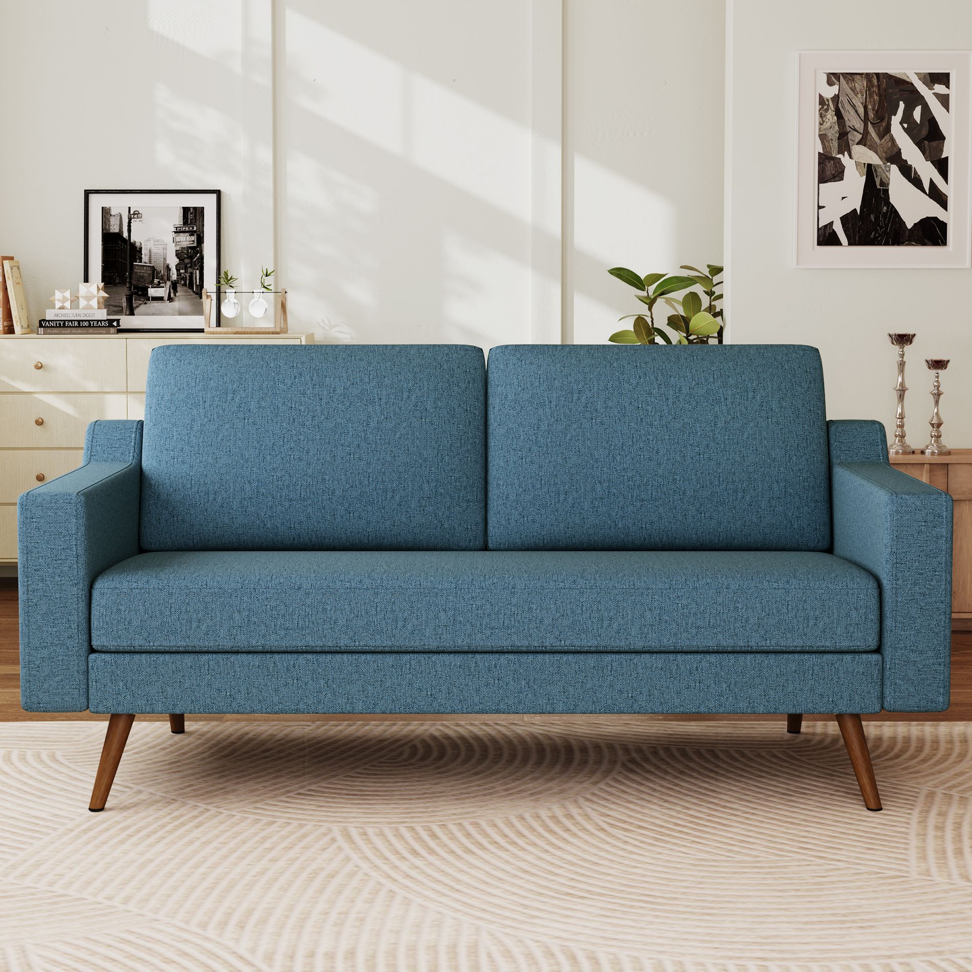 Dyonery 65.4" loveseat Sofa Blue Linen Couch Comfy Love Seat Couches with Spring Cushion Solid Wood
