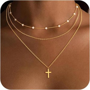 Dainty Cross Pendant with Pearls Layered Faith Necklace for Women - 1 of 4
