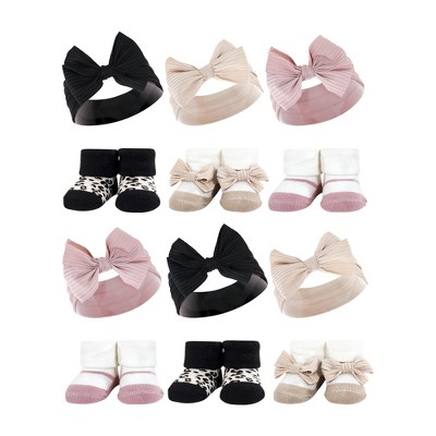 Hudson Baby Infant Girl 12Pc Headband and Socks Giftset, Taupe Pink, One Size