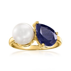 Ross-Simons 7.5-8mm Cultured Pearl and 2.80 Carat Sapphire Toi Et Moi Ring in 18kt Gold Over Sterling - 1 of 4