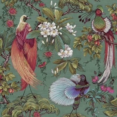 Holden Yasuni Floral Green Non-Woven Wallpaper: Mid-Century Modern, Botanical, Bird & Floral Pattern, Non-Pasted, Washable