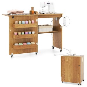 Costway Folding Sewing Table Rolling Craft Station with 3 Storage Bins & Charging Station White/Natural/Brown - 1 of 4