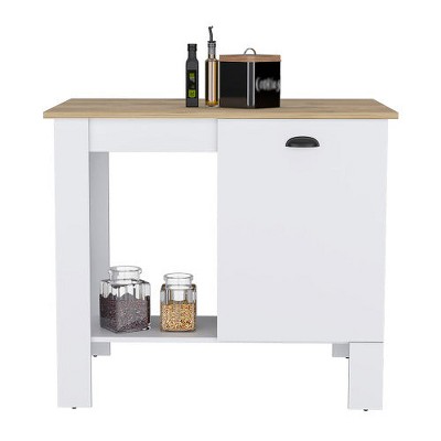 LunaLulinlk Kitchen Island 35"" H, One Storage Cabinet with Door, Two Internal Shelves, One Open storage Shelf, White/Macadamia