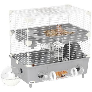 PawHut 2-Tier Hamster Cage, Hamster Habitat with Sand Bathroom, Running Wheel, Water Bottle, Tubes, Accessories, 17.5" x 11" x 17", Gray - 1 of 4