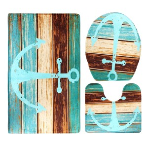 Generic Blue Aqua 3Pcs Rustic Wood Nautical Anchor Pedestal Rug & Toilet Seat Lid Cover & Non-slip Rubber Floor Mat Set - 1 of 4